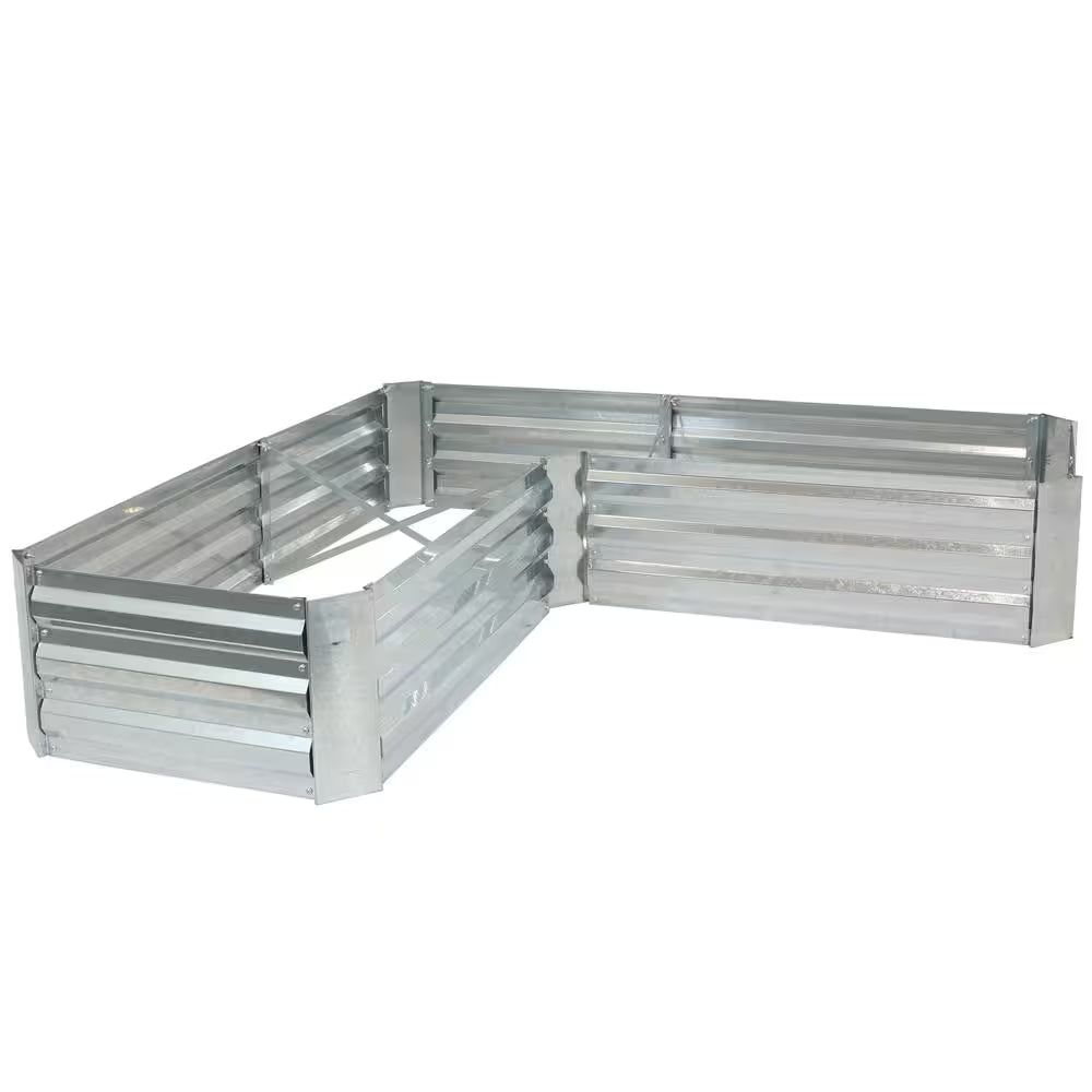 L-Shaped Silver Galvanized Steel Raised Garden Bed