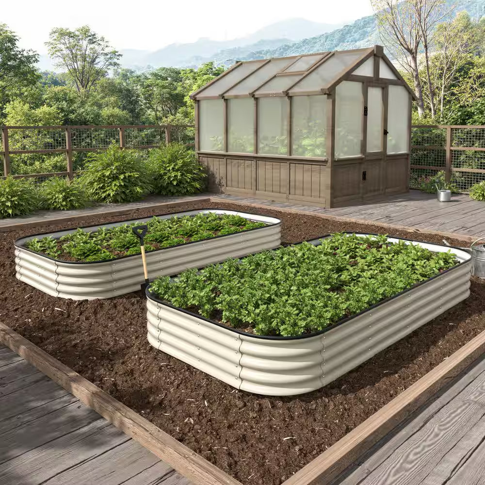 Ivory White Galvanized Steel Raised Garden Bed Many-In-1 Planter Box Outdoor, 96 In. L X 48 In. W X 11.2 In. H