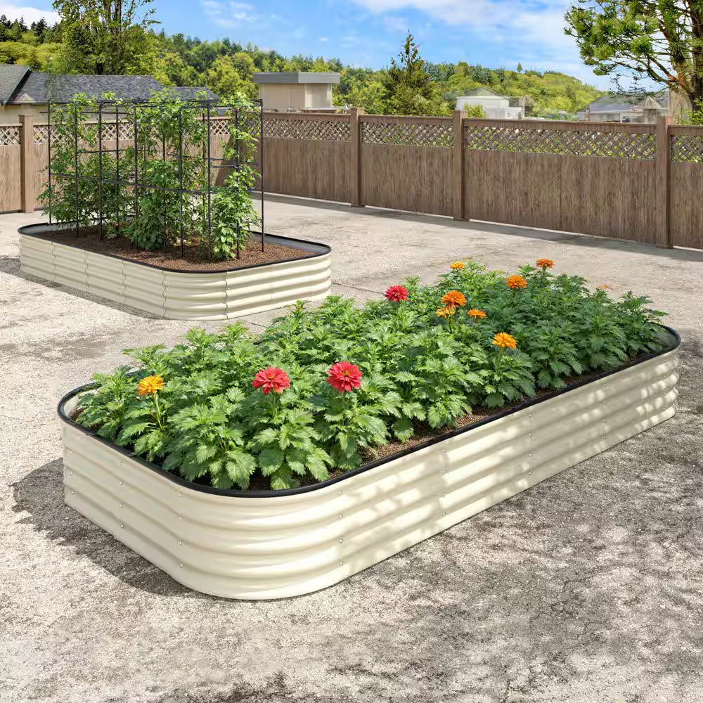 Ivory White Galvanized Steel Raised Garden Bed Many-In-1 Planter Box Outdoor, 96 In. L X 48 In. W X 11.2 In. H