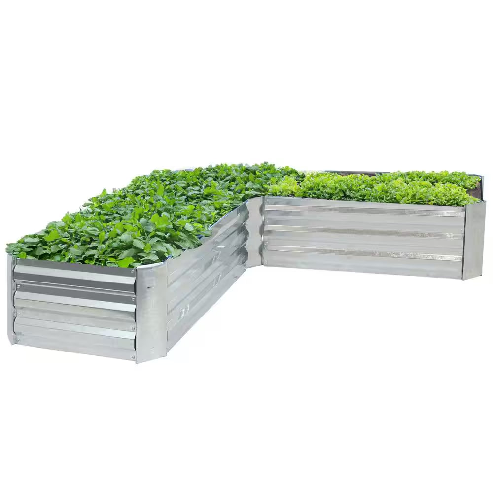 L-Shaped Silver Galvanized Steel Raised Garden Bed