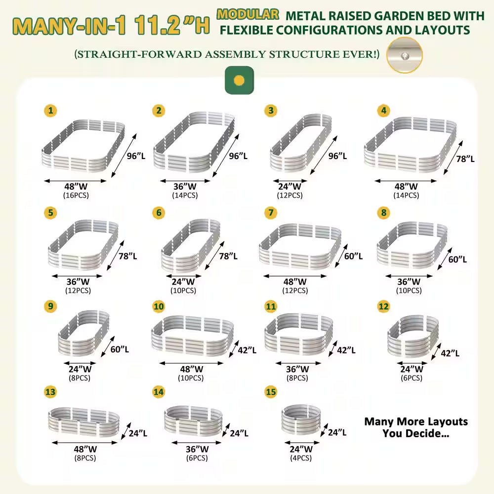 Ivory White Galvanized Steel Raised Garden Bed Many-In-1 Planter Box Outdoor, 96 In. L X 48 In. W X 11.2 In. H
