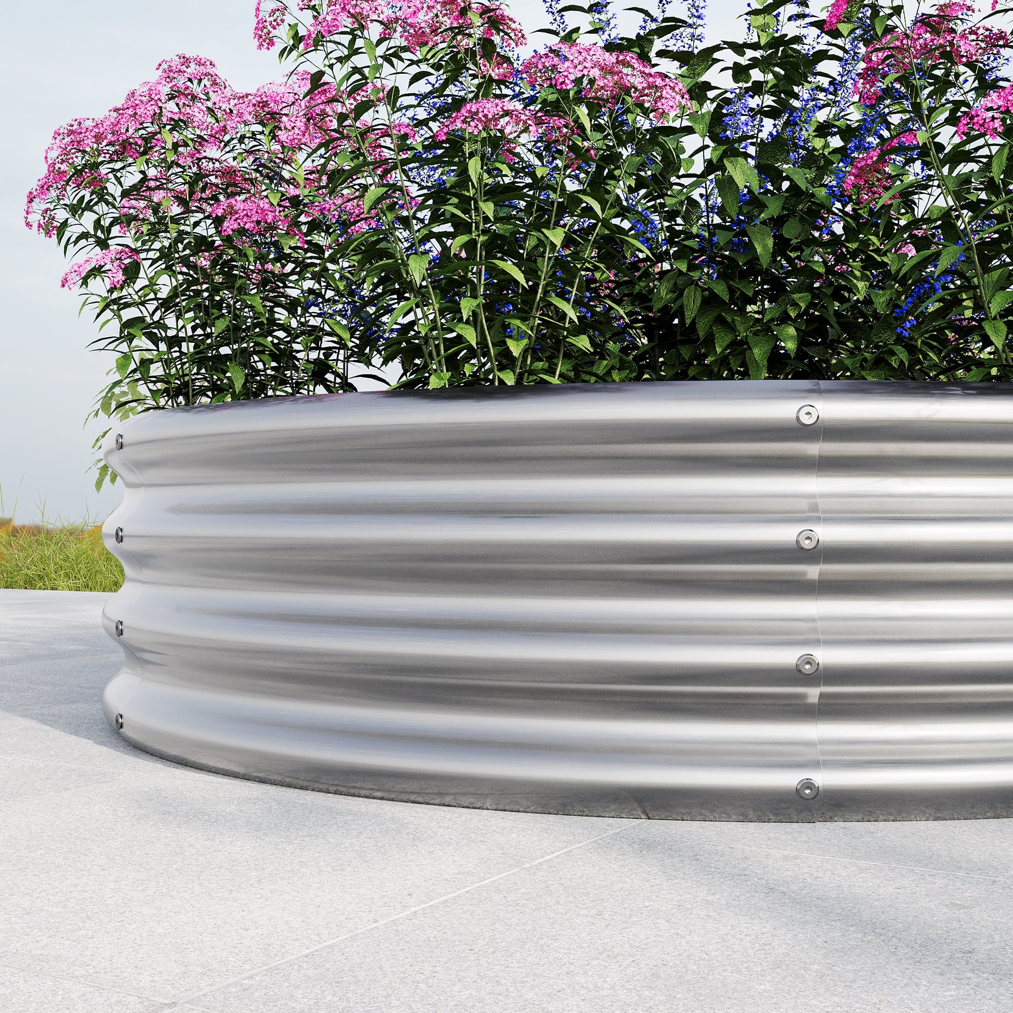 Galvanized Metal Planter Box, 2PCS 47.24"X11.4" Tall round Outdoor Raised Garden Bed, Silver Backyard Patio Planter Raised Beds for Flower, Herbs, Fruits