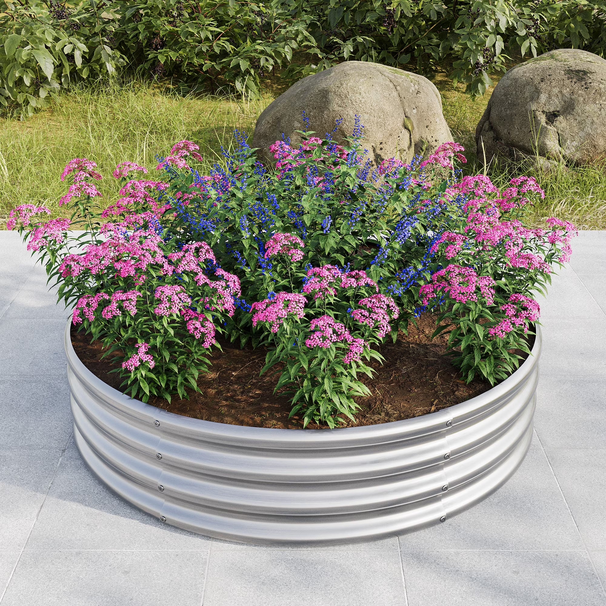 Galvanized Metal Planter Box, 2PCS 47.24"X11.4" Tall round Outdoor Raised Garden Bed, Silver Backyard Patio Planter Raised Beds for Flower, Herbs, Fruits
