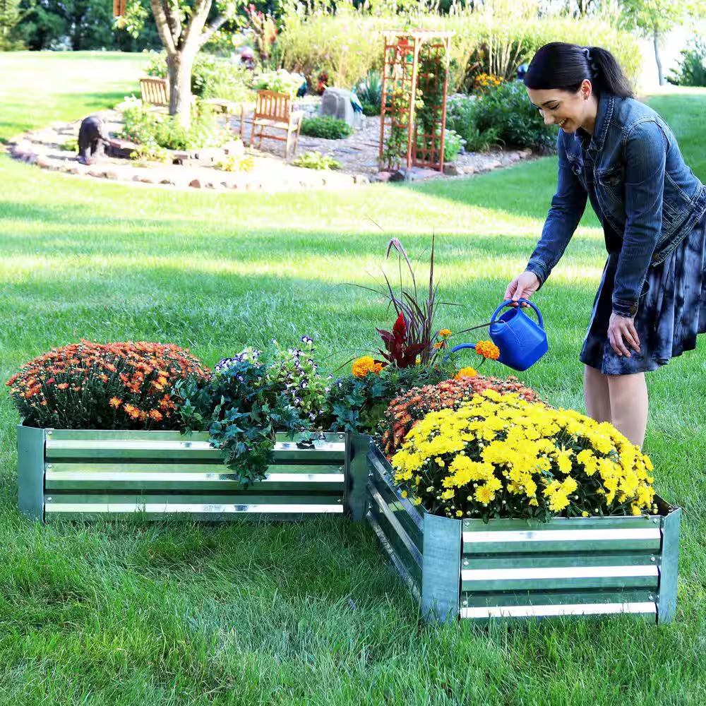 L-Shaped Silver Galvanized Steel Raised Garden Bed