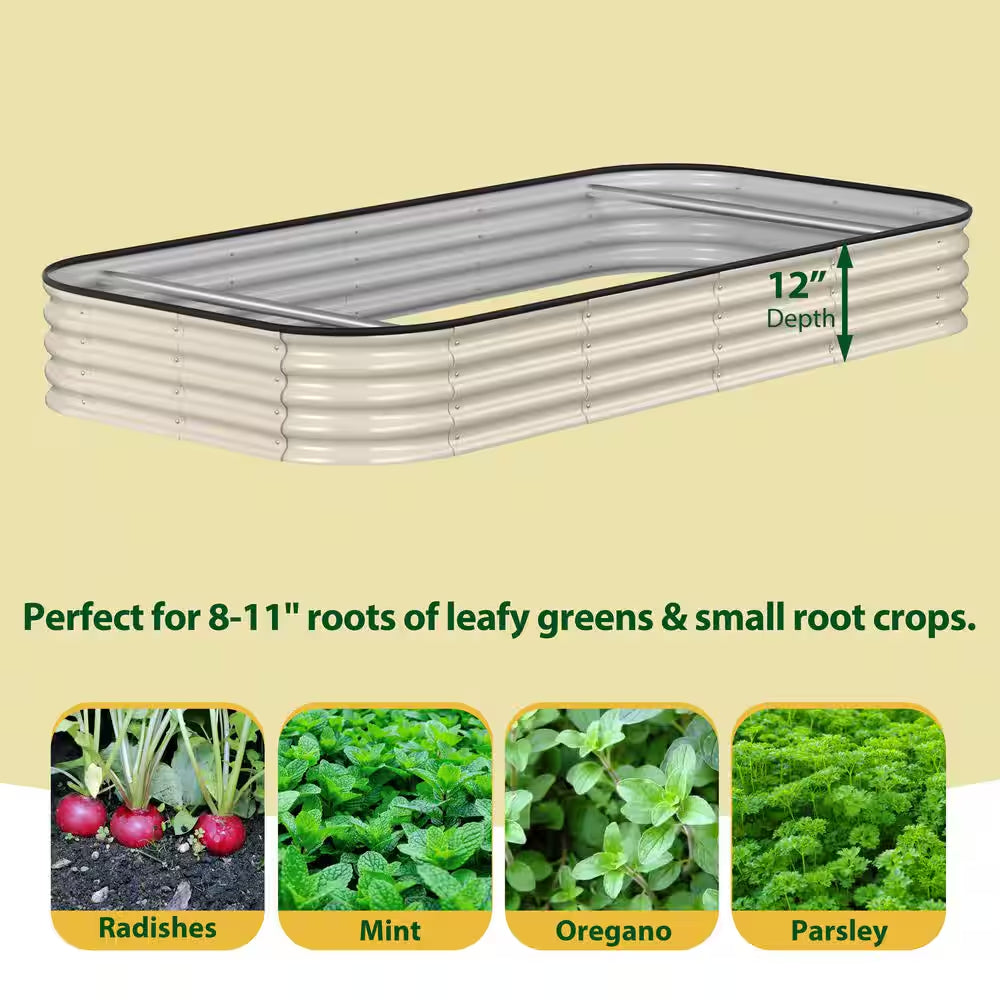 Ivory White Galvanized Steel Raised Garden Bed Many-In-1 Planter Box Outdoor, 96 In. L X 48 In. W X 11.2 In. H