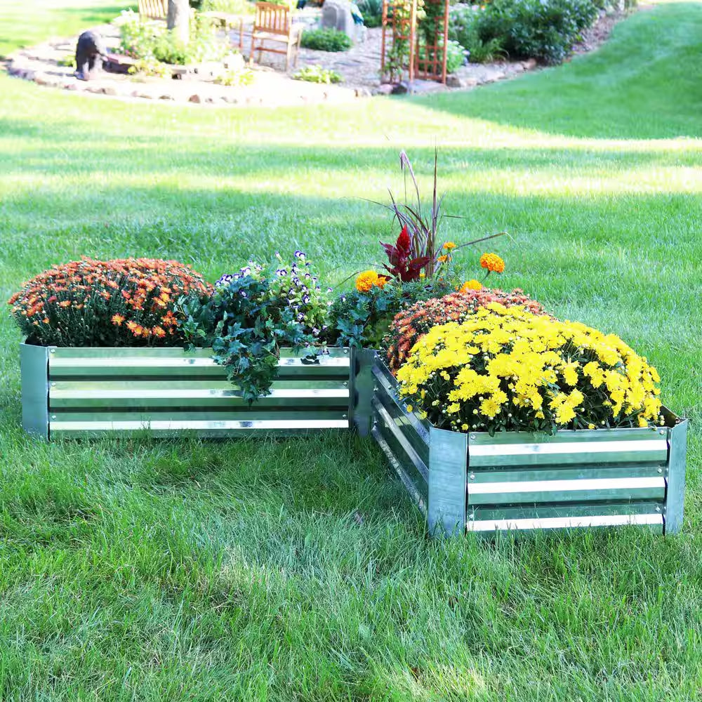 L-Shaped Silver Galvanized Steel Raised Garden Bed