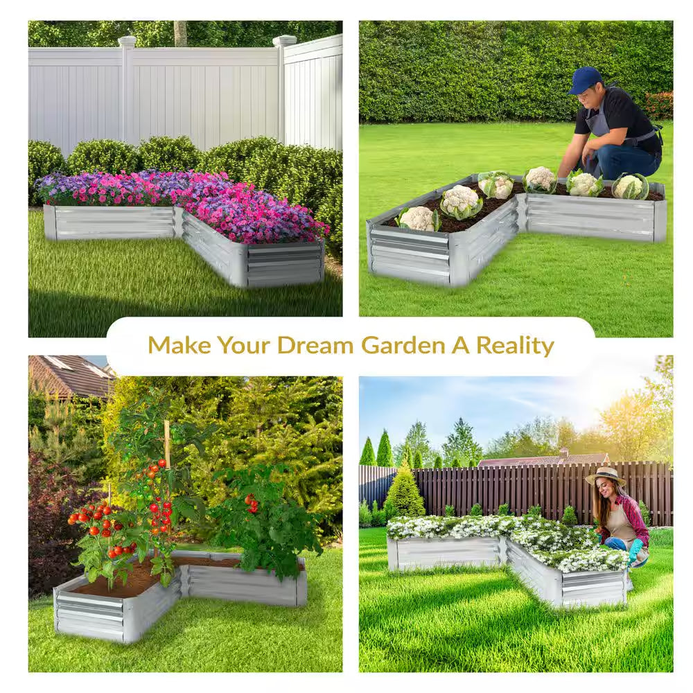 L-Shaped Silver Galvanized Steel Raised Garden Bed